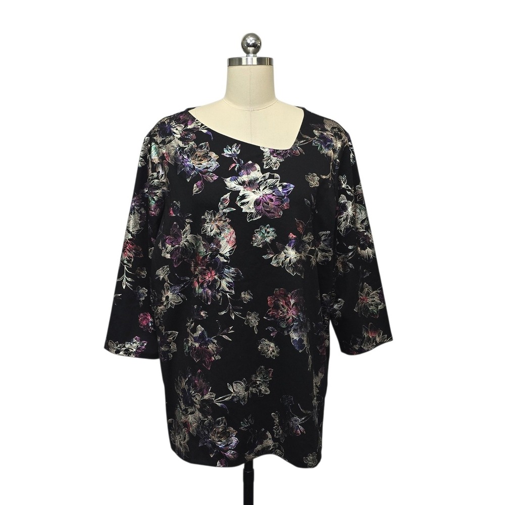 Chicos Floral Asymmetrical Neckline 3/4 Sleeve Knit Top Black Multi Size 3 US XL